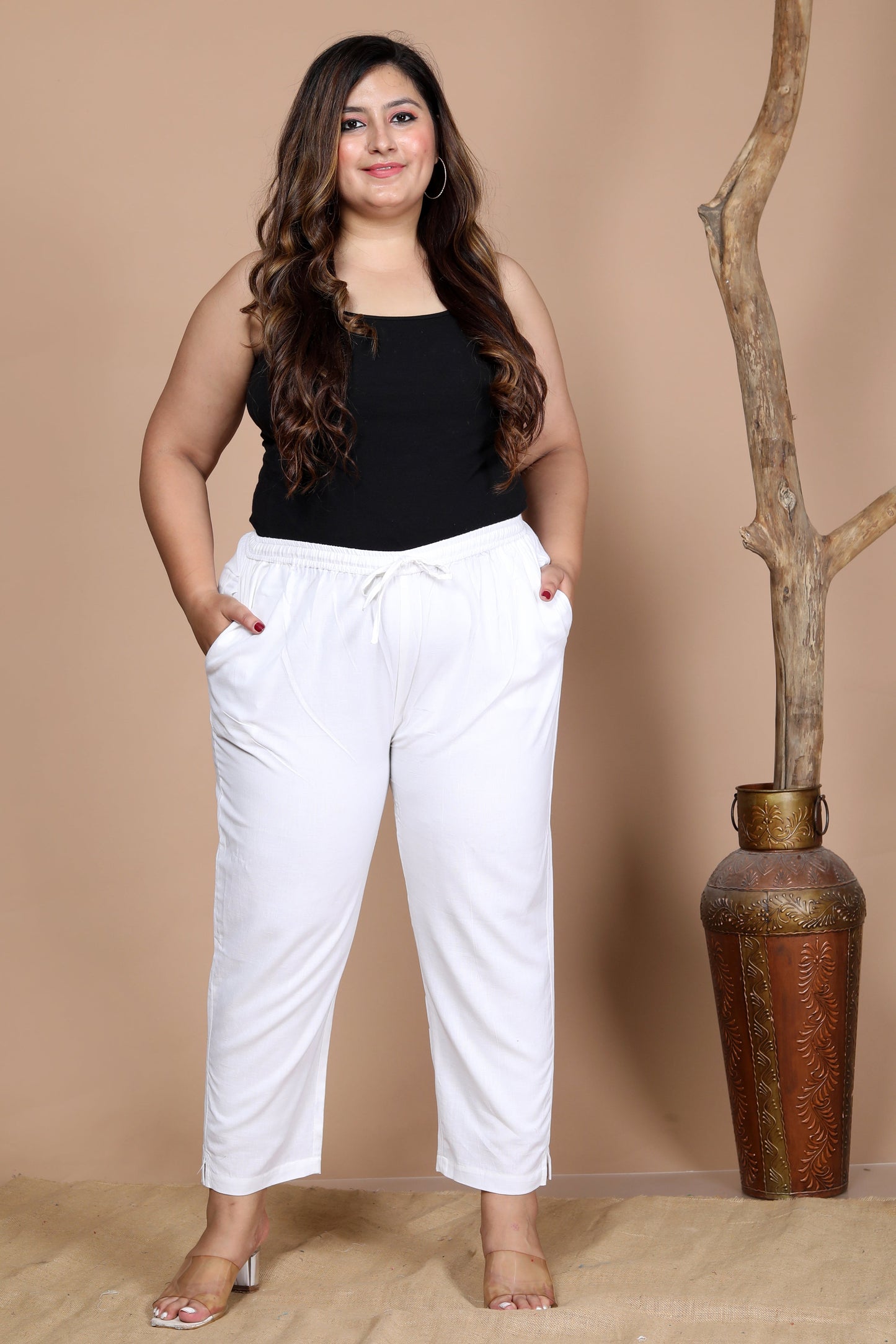 Beige And White Cotton Trousers ( PACK OF 2)