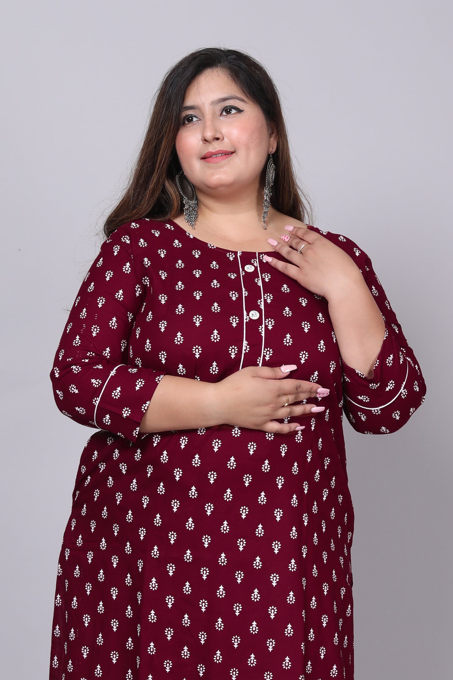 Maroon Printed Straight Kurti