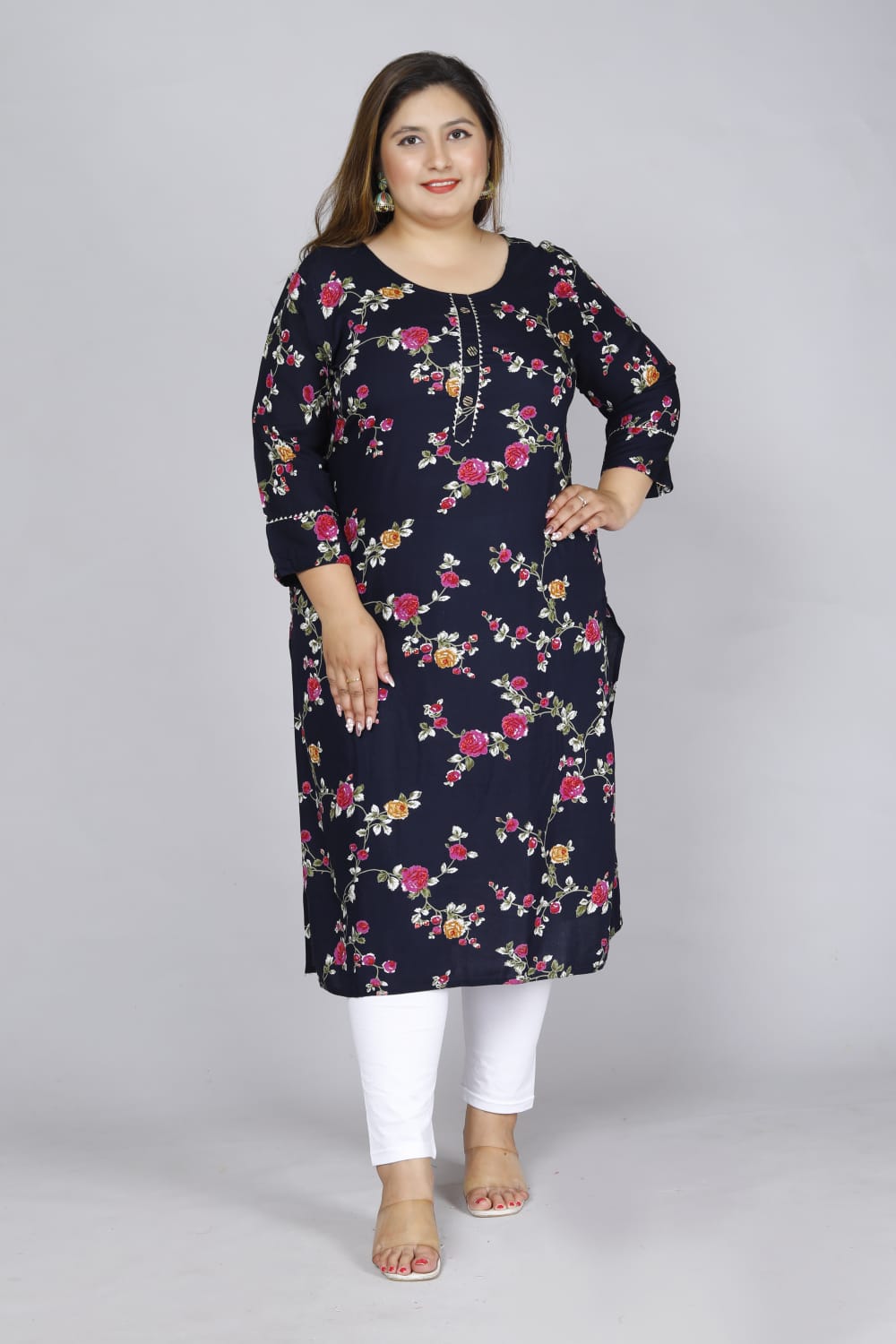 Blue Floral Print Straight Kurti