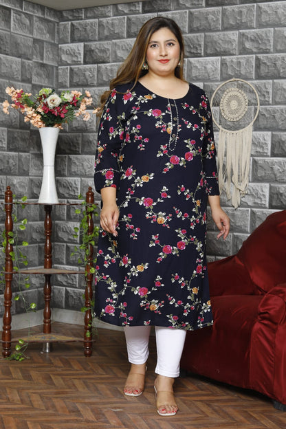 Blue Floral Print Straight Kurti