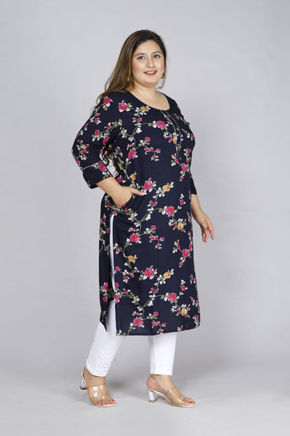 Blue Floral Print Straight Kurti