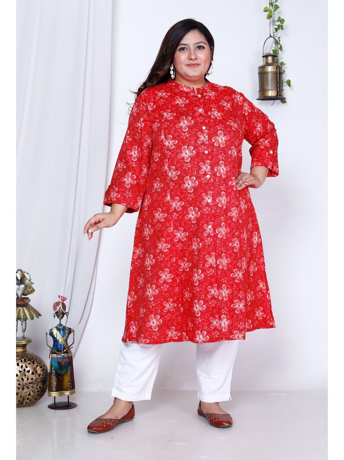 Red Pure Cotton Front Slit A-Line Kurti