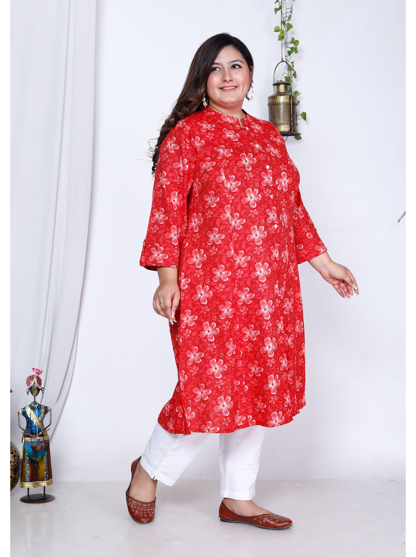 Red Pure Cotton Front Slit A-Line Kurti