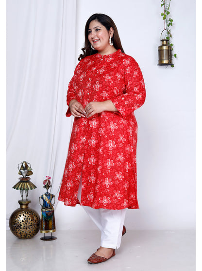 Red Pure Cotton Front Slit A-Line Kurti