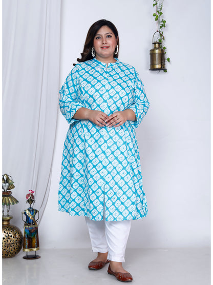 Blue Pure Cotton Front Slit A-Line Kurti