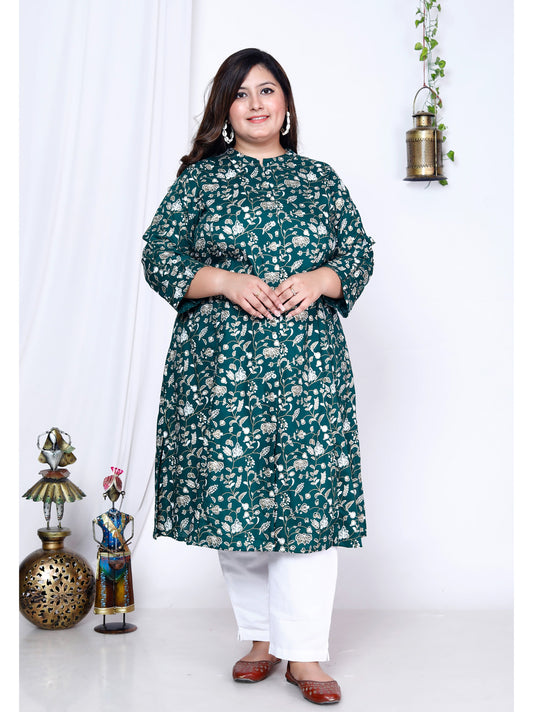 Green Printed Front Slit A-Line Kurti