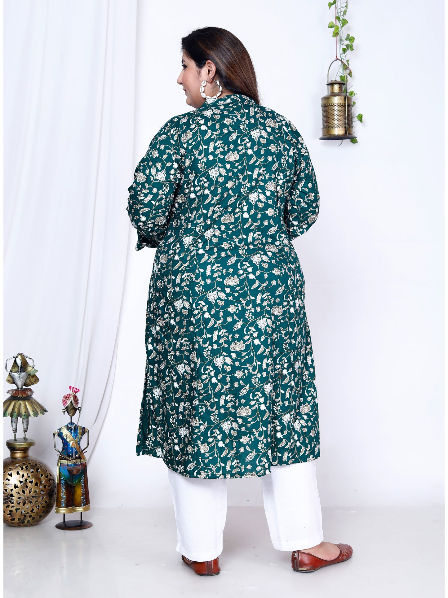 Green Printed Front Slit A-Line Kurti