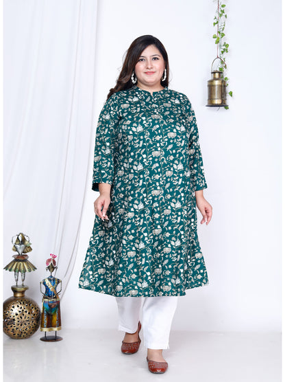 Green Printed Front Slit A-Line Kurti