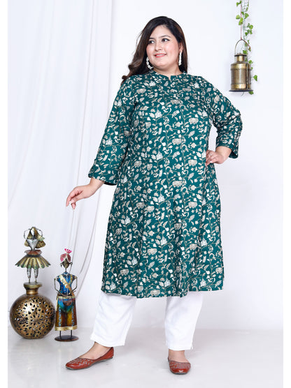 Green Printed Front Slit A-Line Kurti