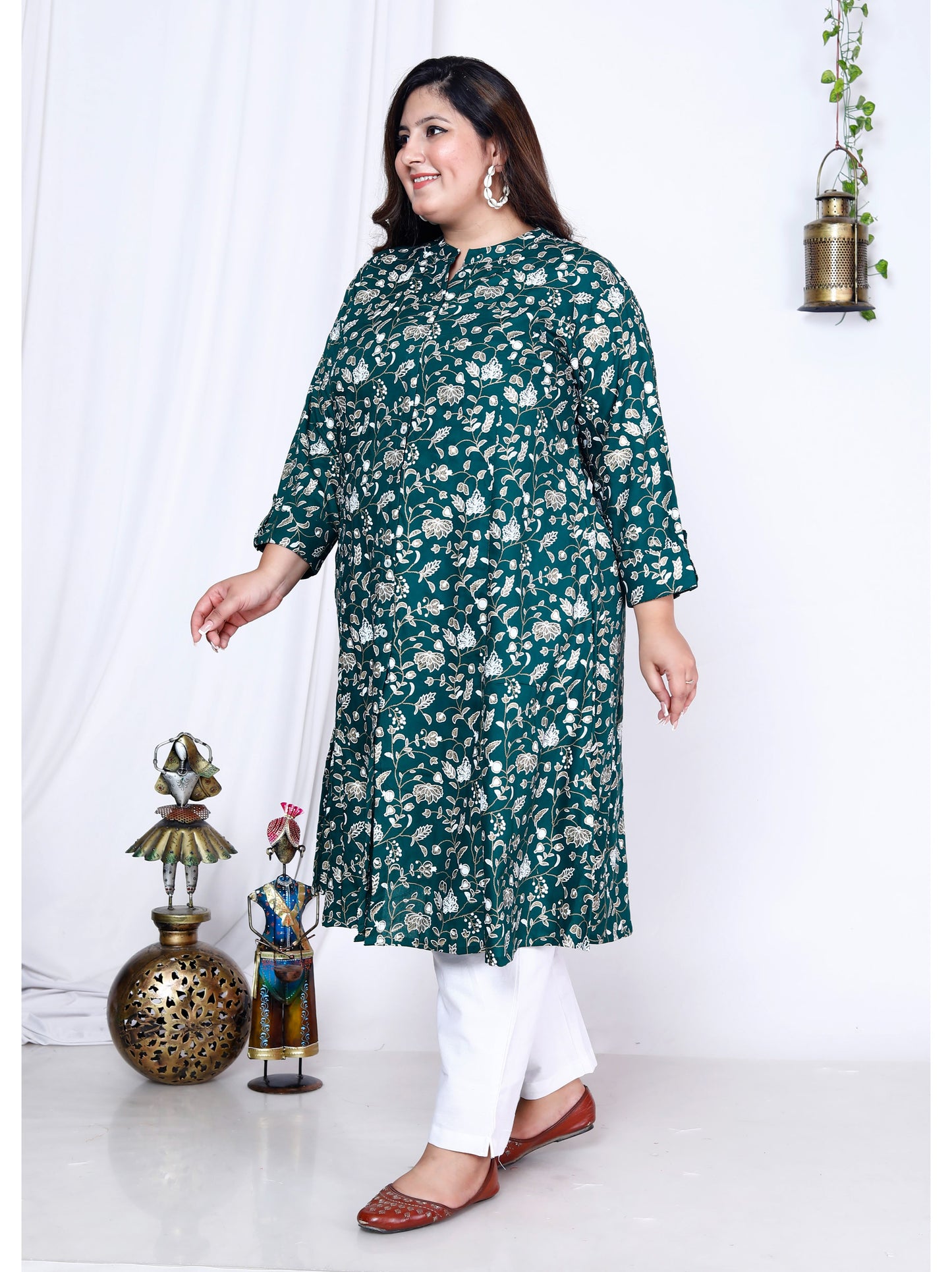 Green Printed Front Slit A-Line Kurti