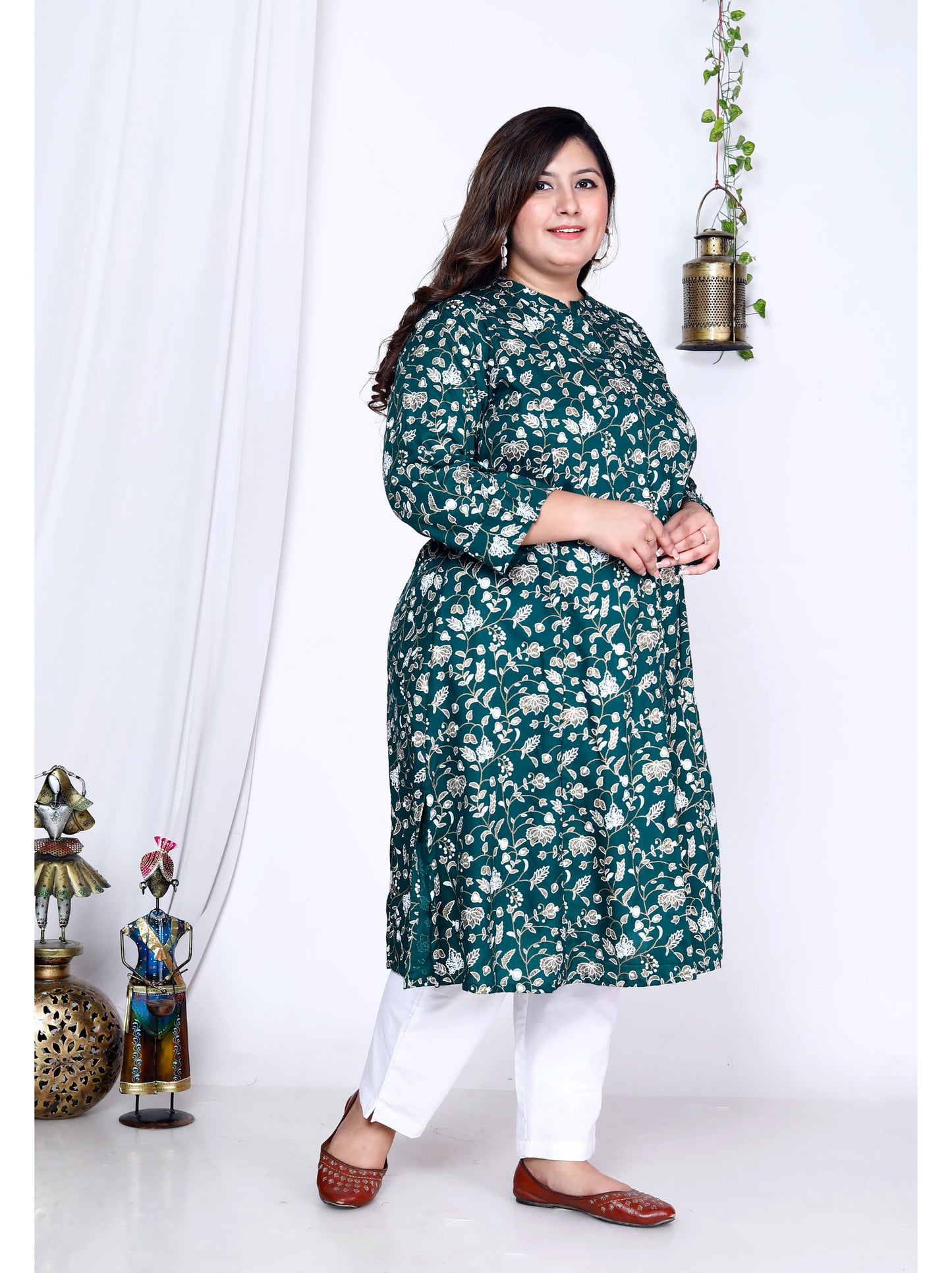 Green Printed Front Slit A-Line Kurti