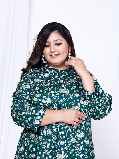 Green Printed Front Slit A-Line Kurti