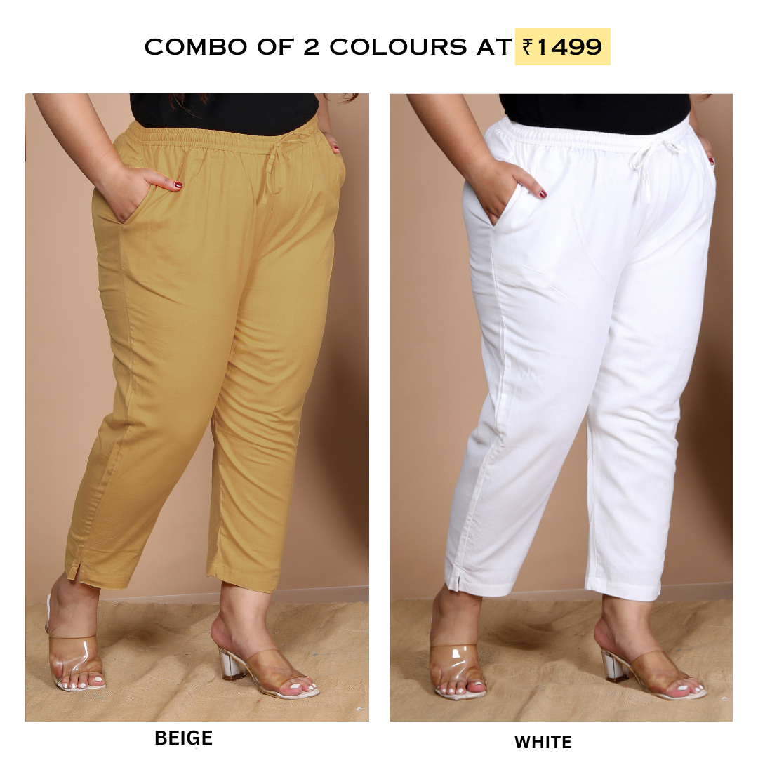 Beige And White Cotton Trousers ( PACK OF 2)