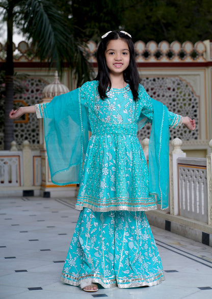 Turquoise Kurti, Sharara & Dupatta Set for Girls (3-Pc)