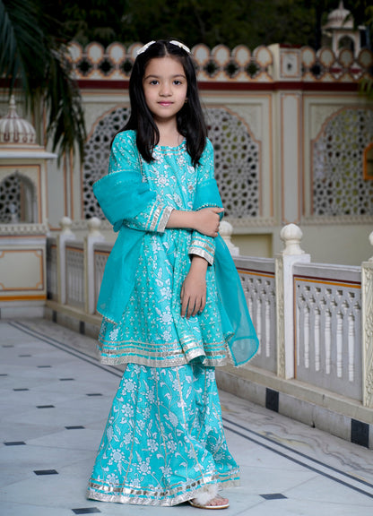 Turquoise Kurti, Sharara & Dupatta Set for Girls (3-Pc)