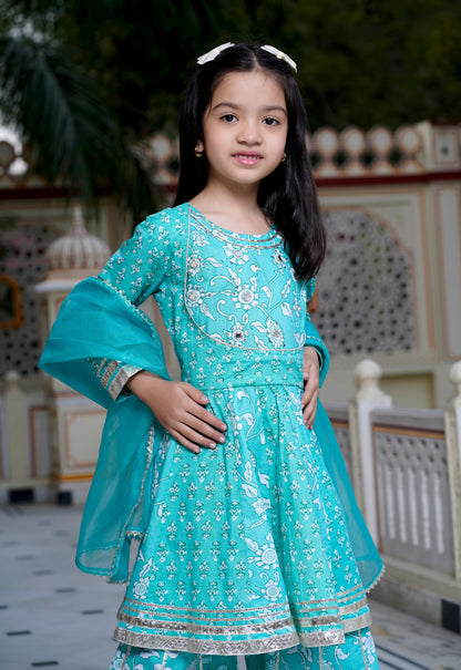 Turquoise Kurti, Sharara & Dupatta Set for Girls (3-Pc)