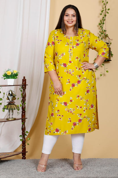 Yellow Floral Print Straight Kurti