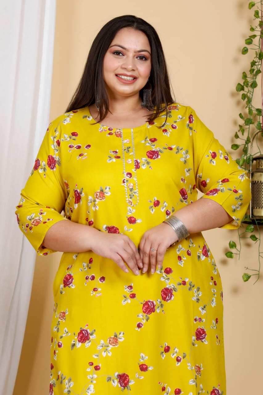 Yellow Floral Print Straight Kurti