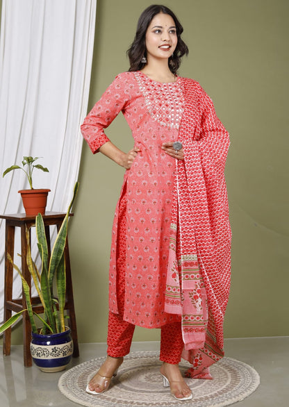 Red Pure Cotton Kurta Pant & Dupatta Set