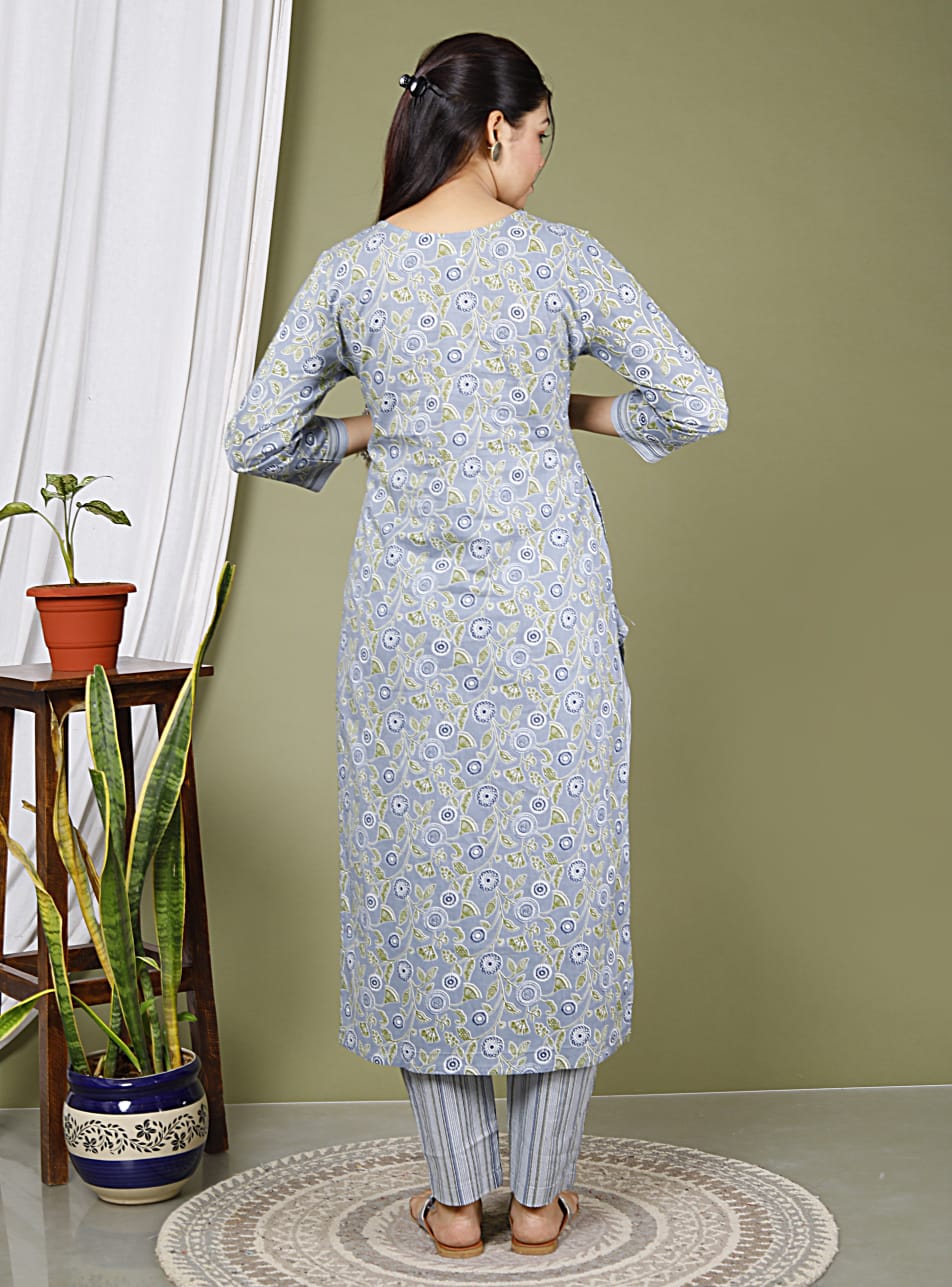 Grey Pure Cotton Kurta Pant & Dupatta Set