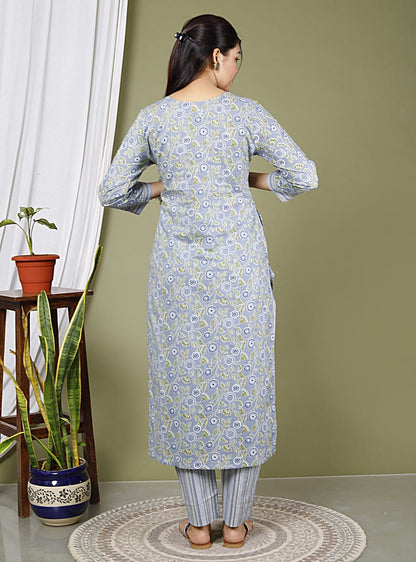 Grey Pure Cotton Kurta Pant & Dupatta Set