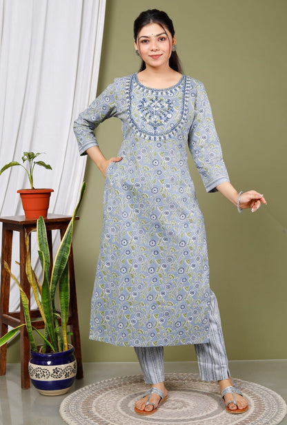 Grey Pure Cotton Kurta Pant & Dupatta Set