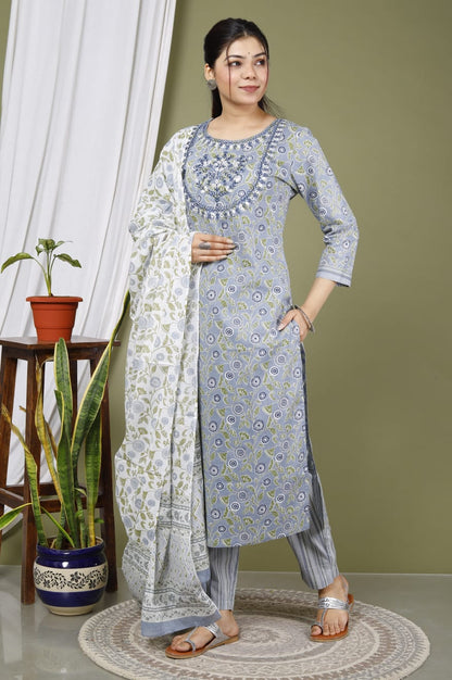 Grey Pure Cotton Kurta Pant & Dupatta Set