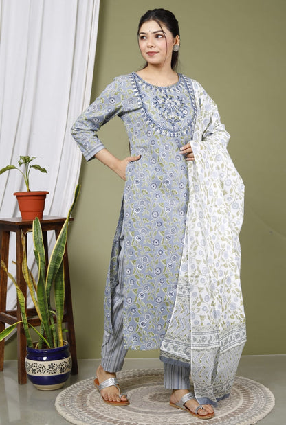 Grey Pure Cotton Kurta Pant & Dupatta Set