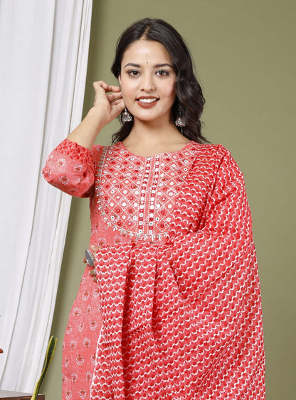 Red Pure Cotton Kurta Pant & Dupatta Set