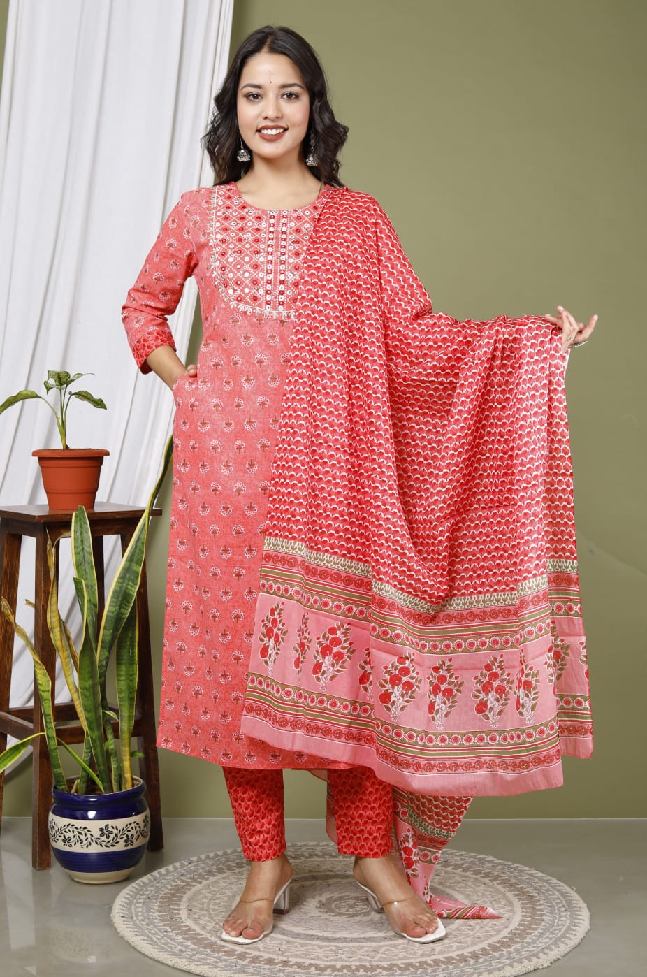 Red Pure Cotton Kurta Pant & Dupatta Set