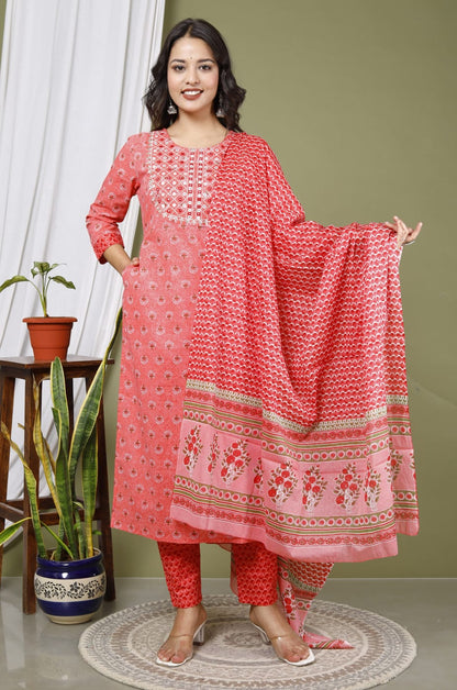 Red Pure Cotton Kurta Pant & Dupatta Set