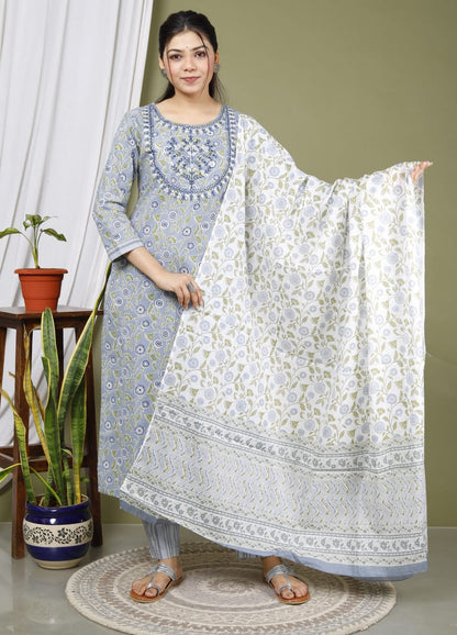 Grey Pure Cotton Kurta Pant & Dupatta Set