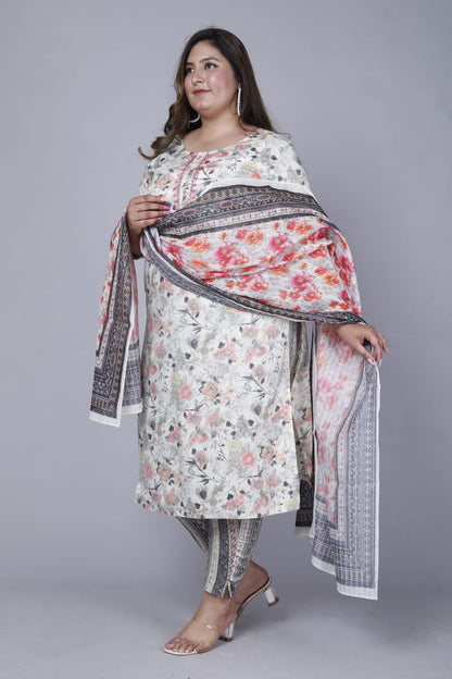 Grey Floral Print Kurta Pant & Dupatta Set