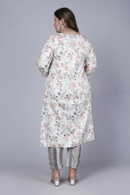 Grey Floral Print Kurta Pant & Dupatta Set