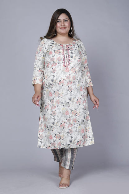 Grey Floral Print Kurta Pant & Dupatta Set