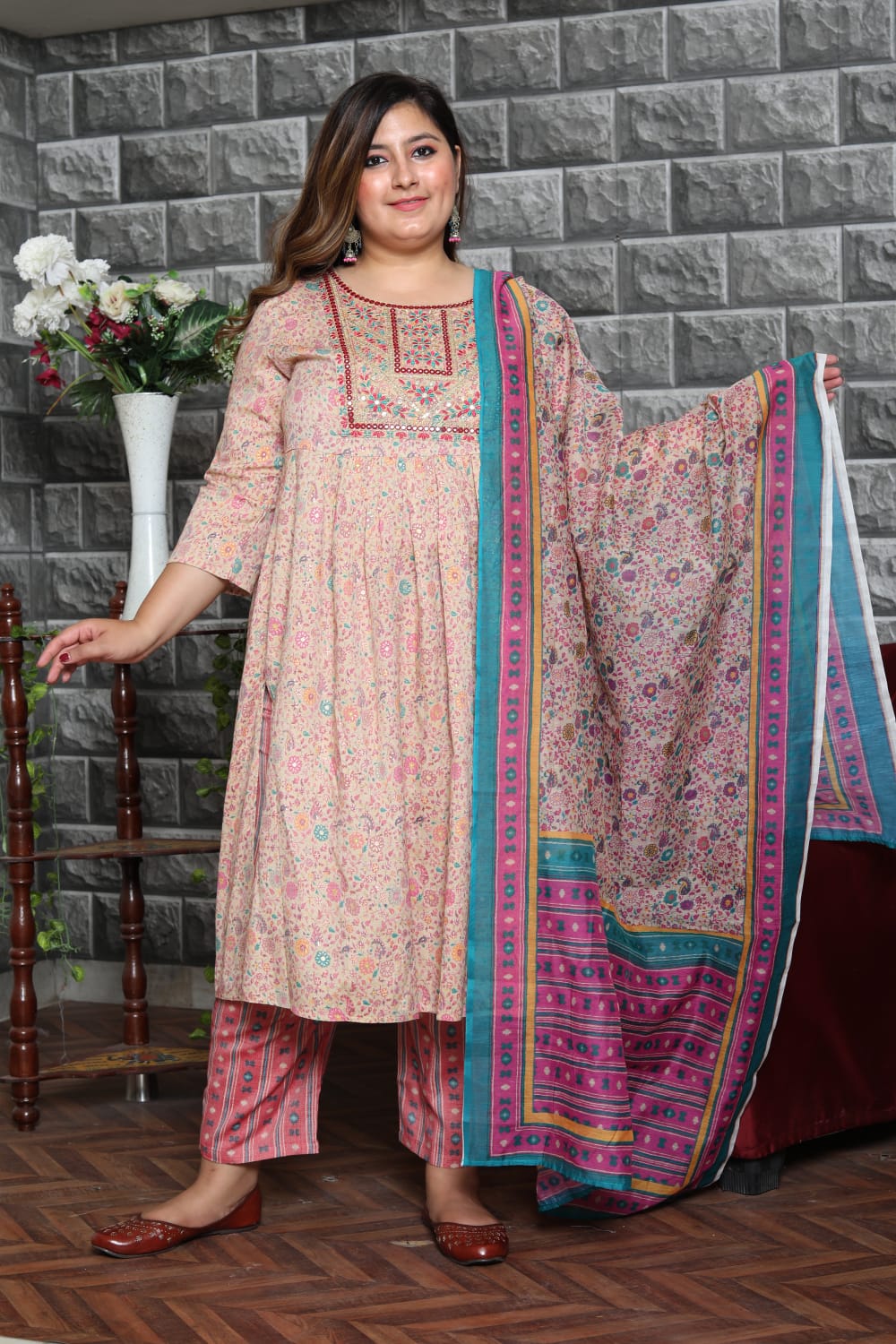 Pink Embroidered Nayra Cut Kurta Pant Dupatta Set