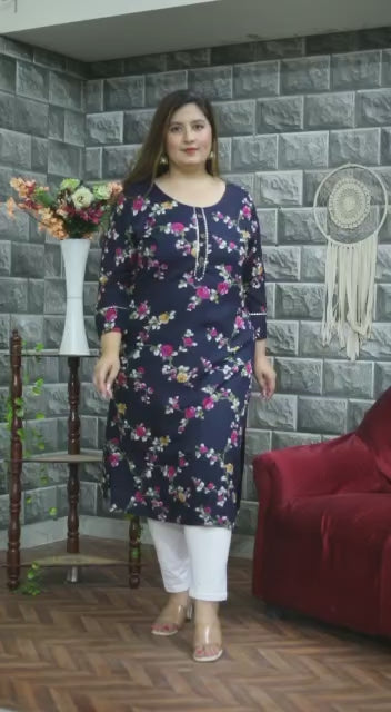 Blue Floral Print Straight Kurti