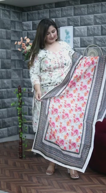 Grey Floral Print Kurta Pant & Dupatta Set