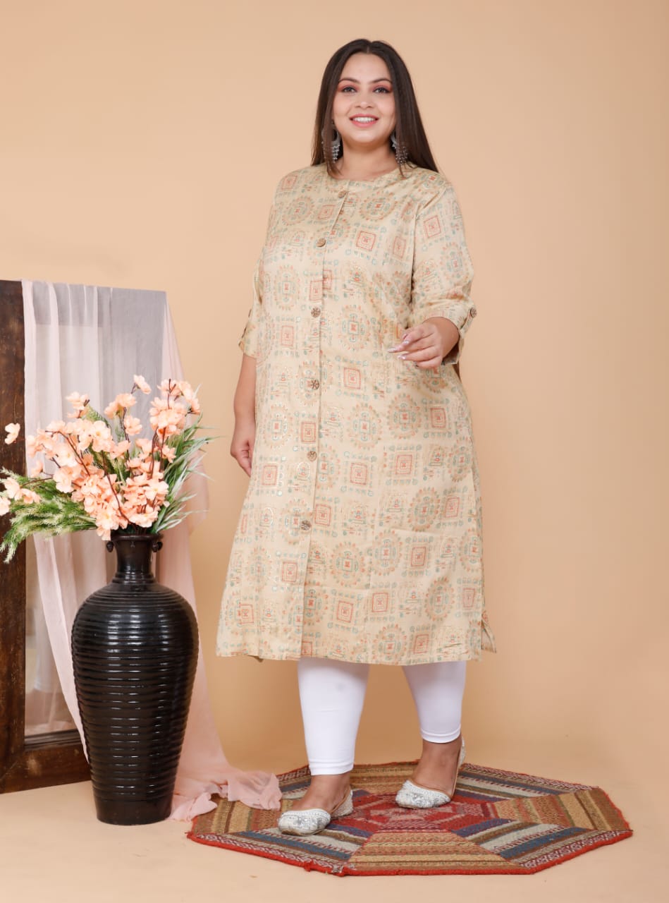 Beige Printed Front Slit Straight Kurti