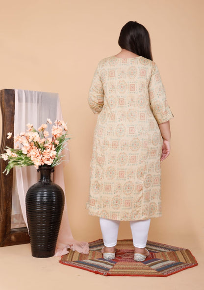 Beige Printed Front Slit Straight Kurti