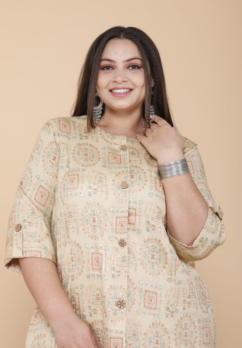 Beige Printed Front Slit Straight Kurti