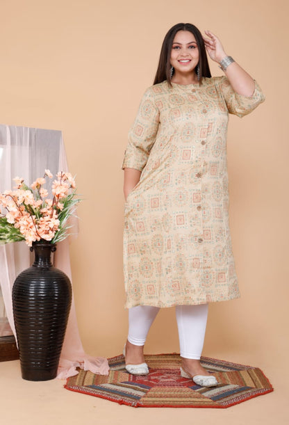 Beige Printed Front Slit Straight Kurti