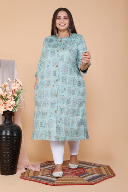 Sky Blue Printed Front Slit Straight Kurti