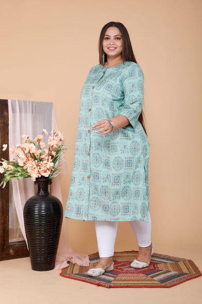 Sky Blue Printed Front Slit Straight Kurti