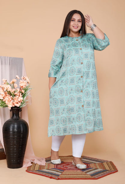 Sky Blue Printed Front Slit Straight Kurti