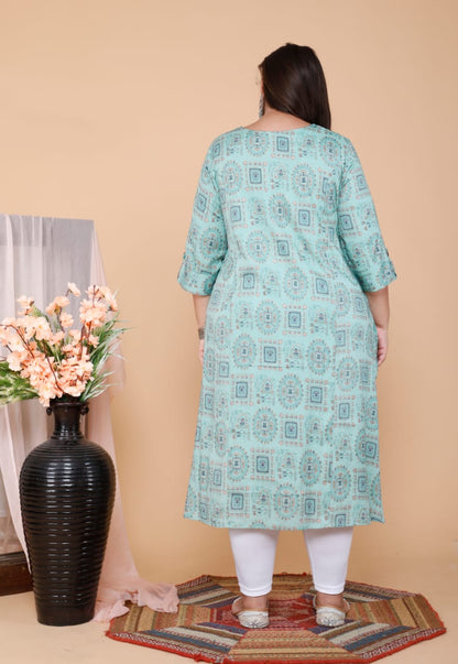 Sky Blue Printed Front Slit Straight Kurti