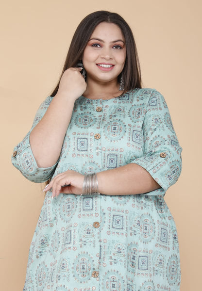 Sky Blue Printed Front Slit Straight Kurti