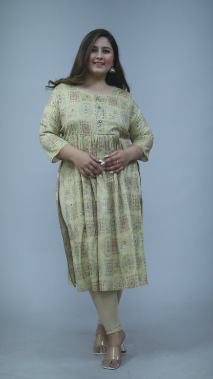 Beige Printed Nayra Cut Kurti