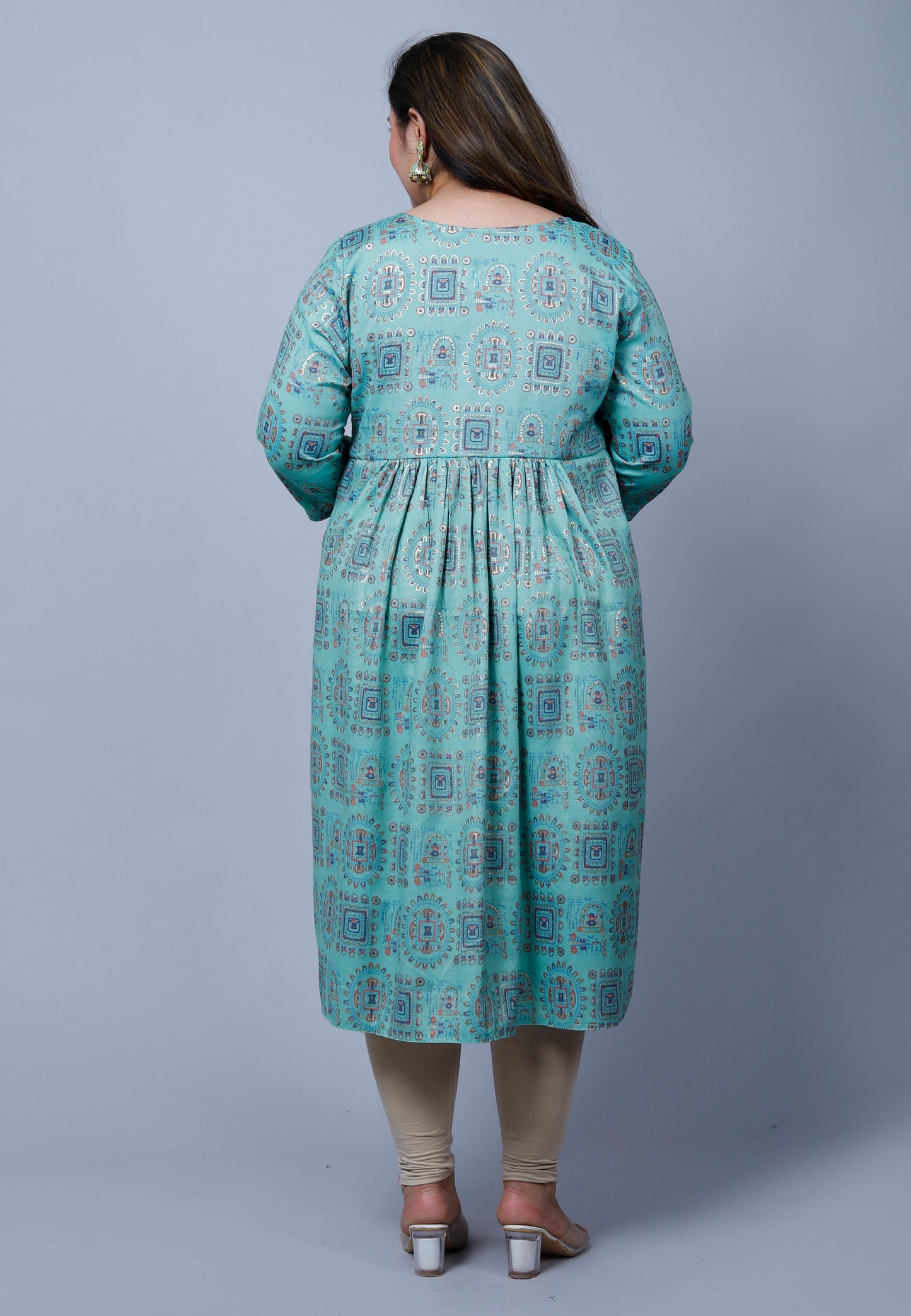 Sky Blue Printed Nayra Cut Kurti