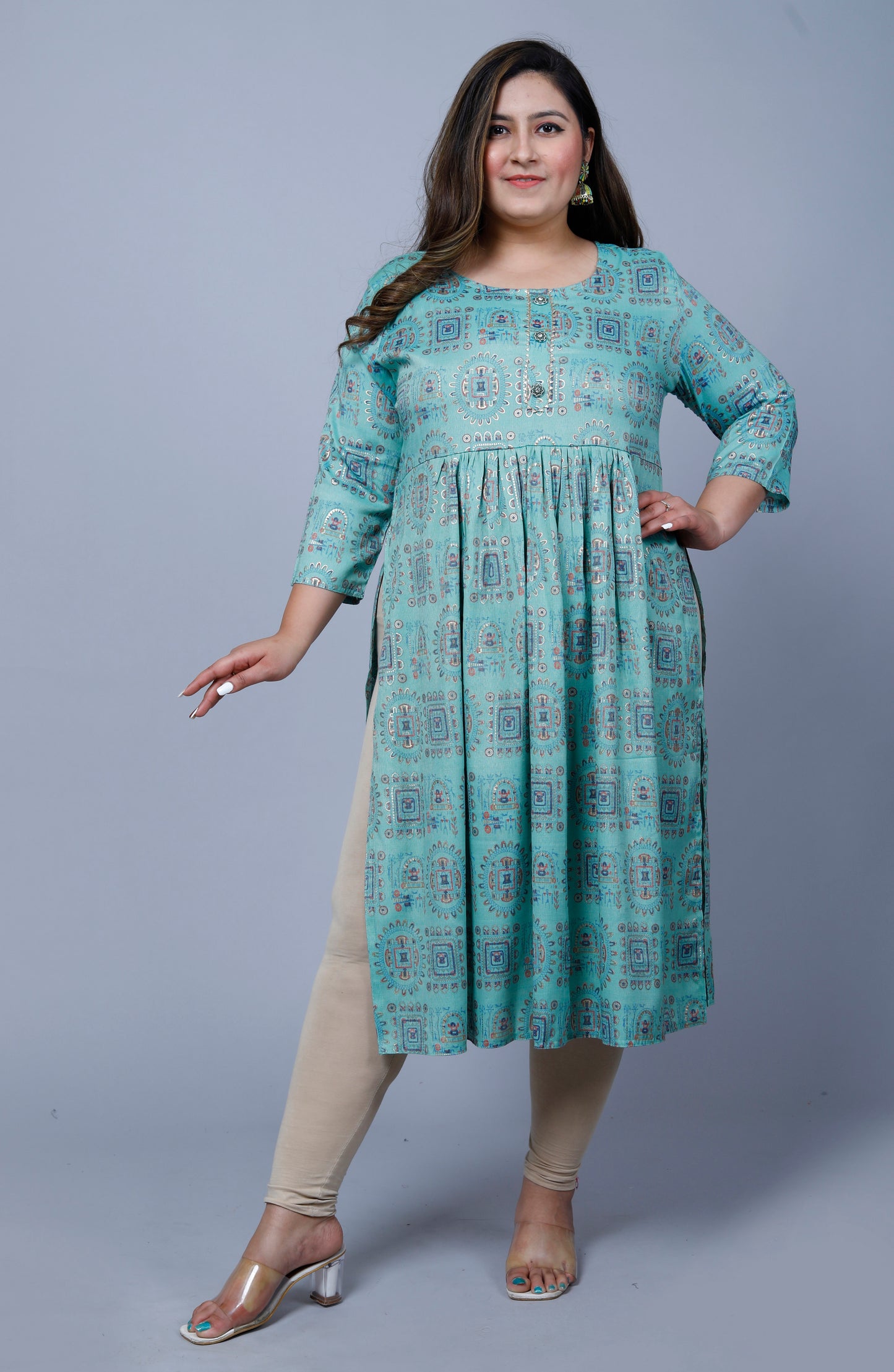 Sky Blue Printed Nayra Cut Kurti